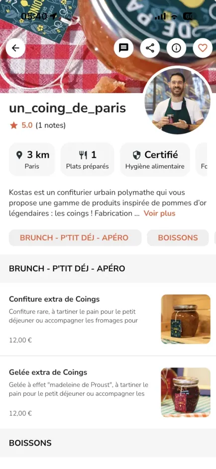 Capture d'écran de l'application Yumo montrant un profil de cuisinier et ses plats faits maison