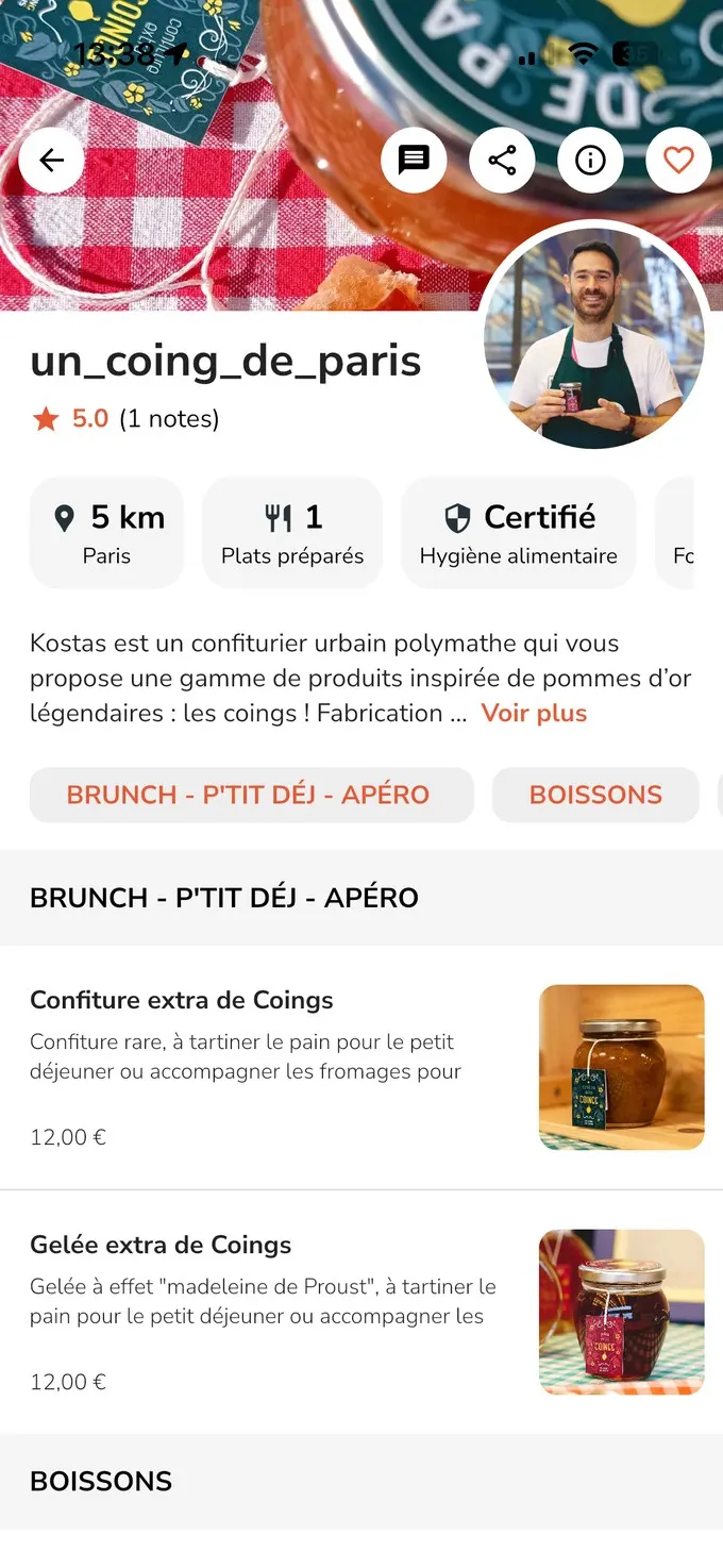 Capture de l'application Yumo : la boutique un_coing_de_paris, confitures de coings de Kostas à Paris, 5 étoiles, certifiée hygiène alimentaire.