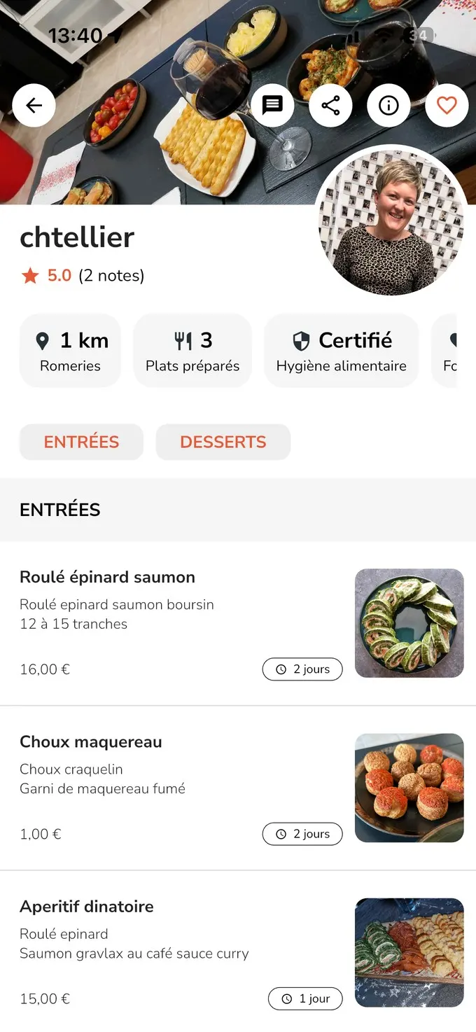Boutique chtellier dans l'app Yumo : apéro dinatoire fait maison, Romeries, 5 étoiles, certifiée hygiène alimentaire.