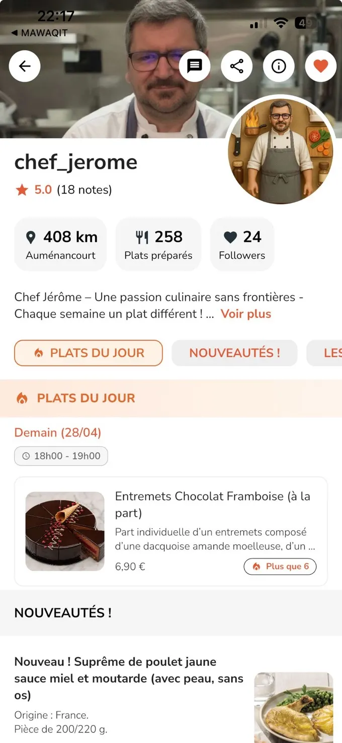 Boutique chef_jerome dans l'app Yumo : plats du jour, Auménancourt, 5 étoiles, 258 plats préparés.