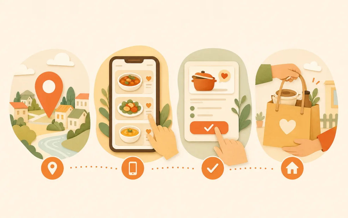 Infographie illustrée du parcours pour commander un plat fait maison sur Yumo, de la recherche locale au retrait du repas.