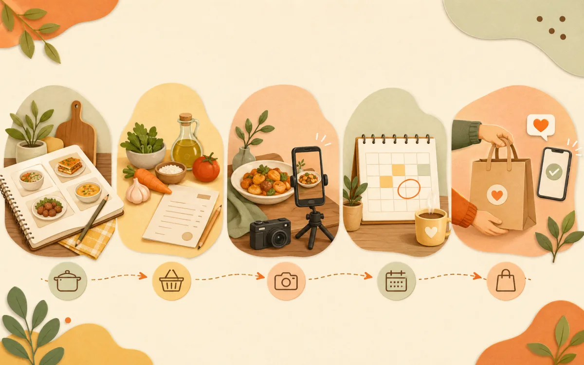 Infographie illustrée du parcours pour vendre ses plats faits maison sur Yumo, du menu à la remise de commande.