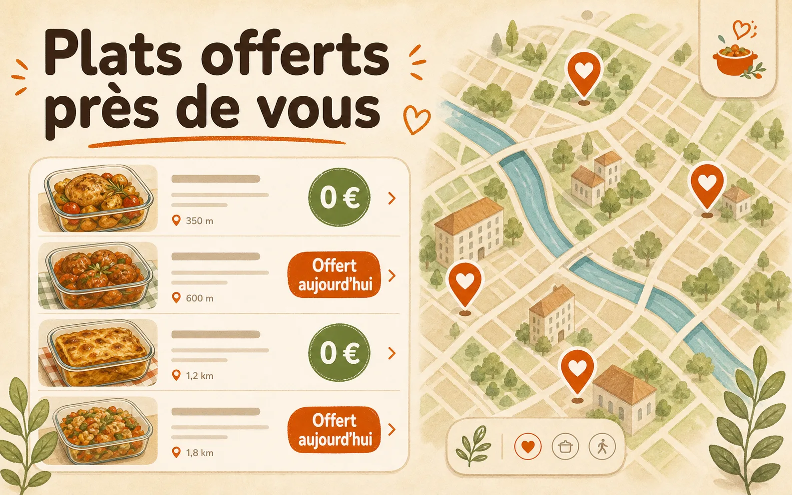 Carte illustrée de plats offerts près de soi dans Solidaire par Yumo.