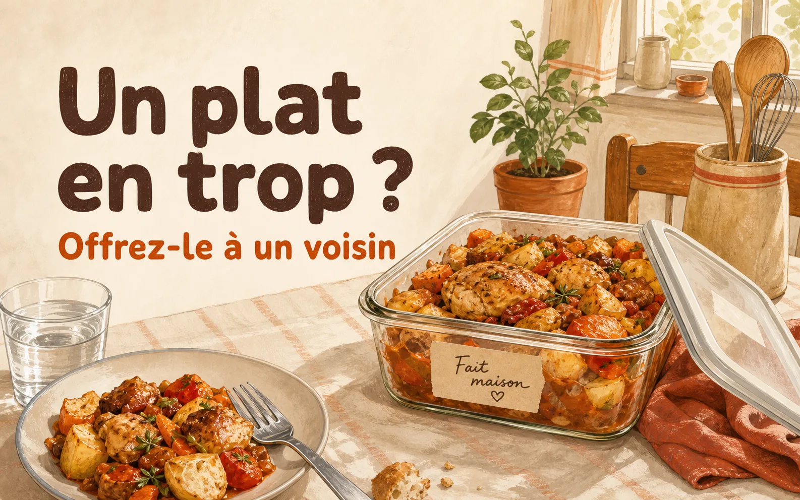 Illustration Solidaire par Yumo : un plat en trop peut être offert à un voisin.