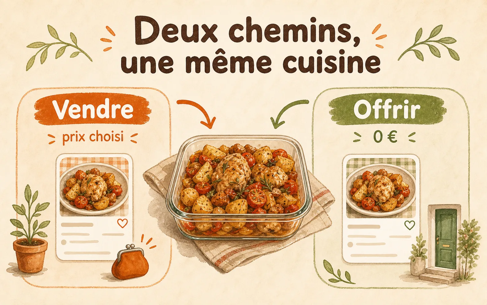 Infographie comparant les deux chemins Yumo : vendre un plat maison ou le proposer comme offert.